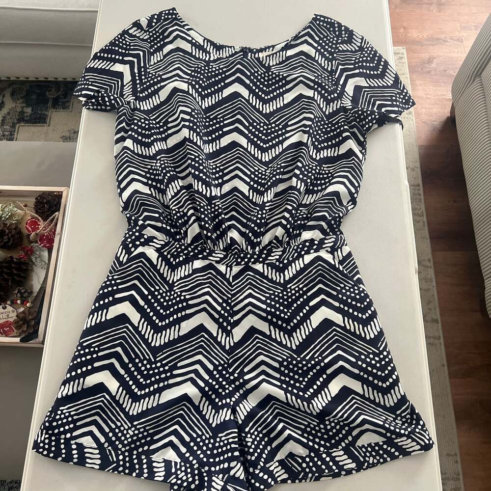 J.Crew Navy & White Geometric Chevron Romper, Short Sleeve, Size 10